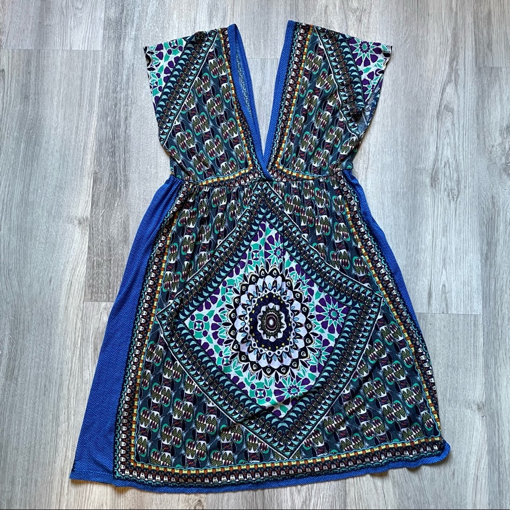 Psychedelic Multicolor Kaleidoscope Deep V Empire waist smock dress